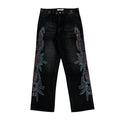 Vale Forever Rhinestone Floral Pattern Oversized Black Denim Jeans